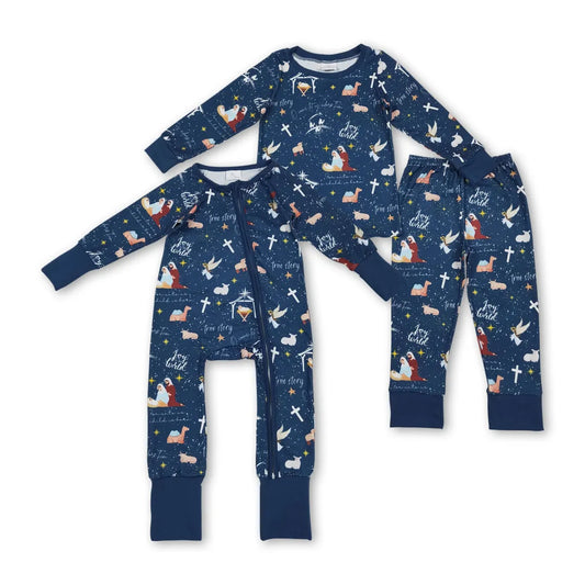 10.4 RTS Sibling Baby Boys Navy Nativity Christmas Pajamas Sets Zipper Footie Rompers