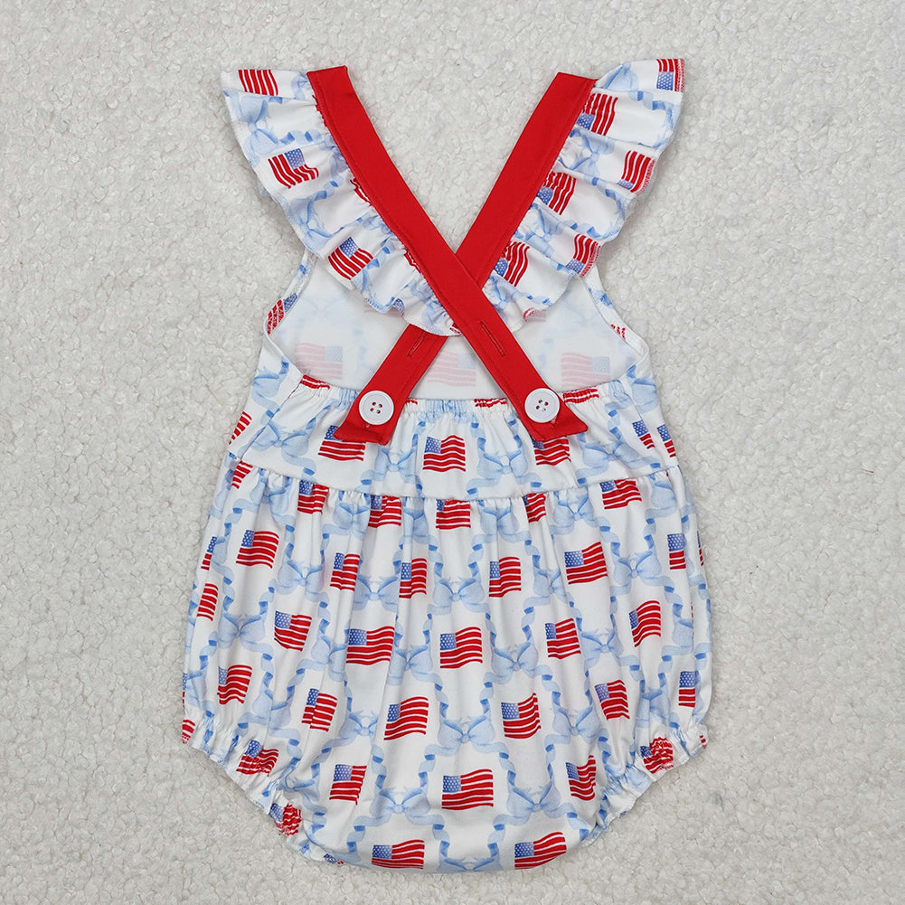 SR2331Baby Girls' 4th of July Romper with Flutter Sleeves And Bow Flag Design Red White And Blue Patriotic Outfit for Infants