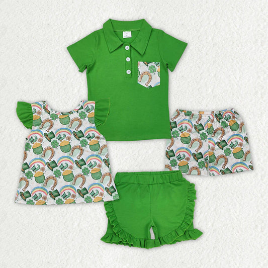 12.15 RTS Sibling Boys Baby Girls St Patrick Day Qautrefoil Outfits Clothes Sets