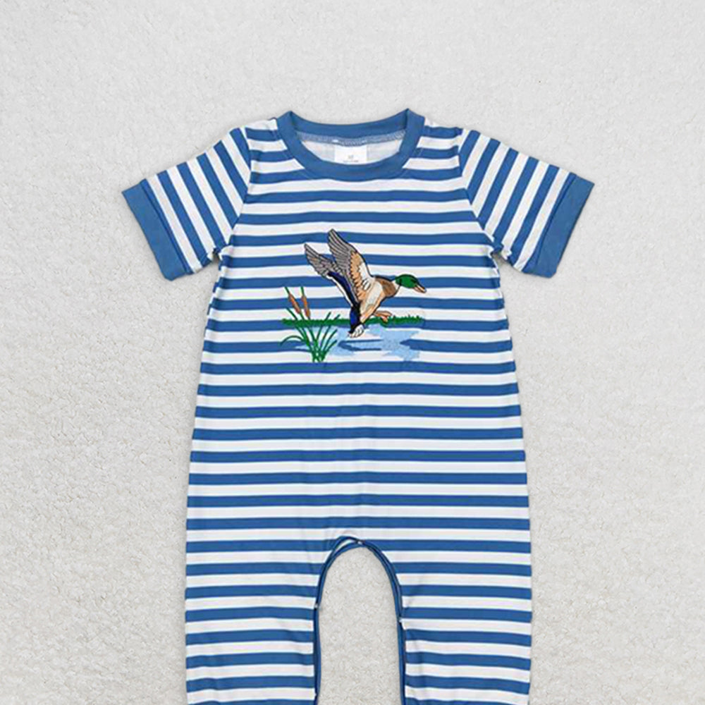 SR0554 RTS NO MOQ Baby Boys Summer Rompers Baby Boys Blue Stripes Duck Tops Shorts Brother Clothing Sets