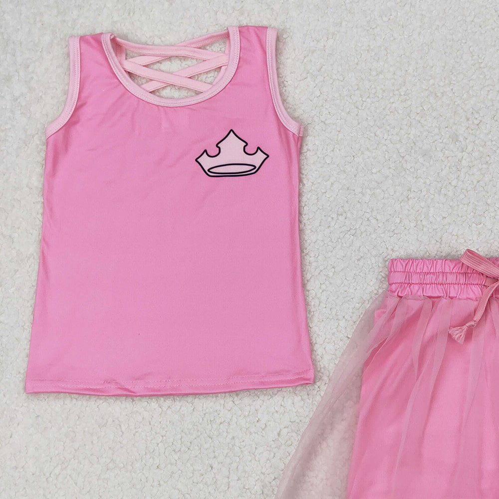 4.30 GSD2066  RTS NO MOQ Baby Girls Hot Pink Sleeveless Crown Top Tulle Skirt With Short Set