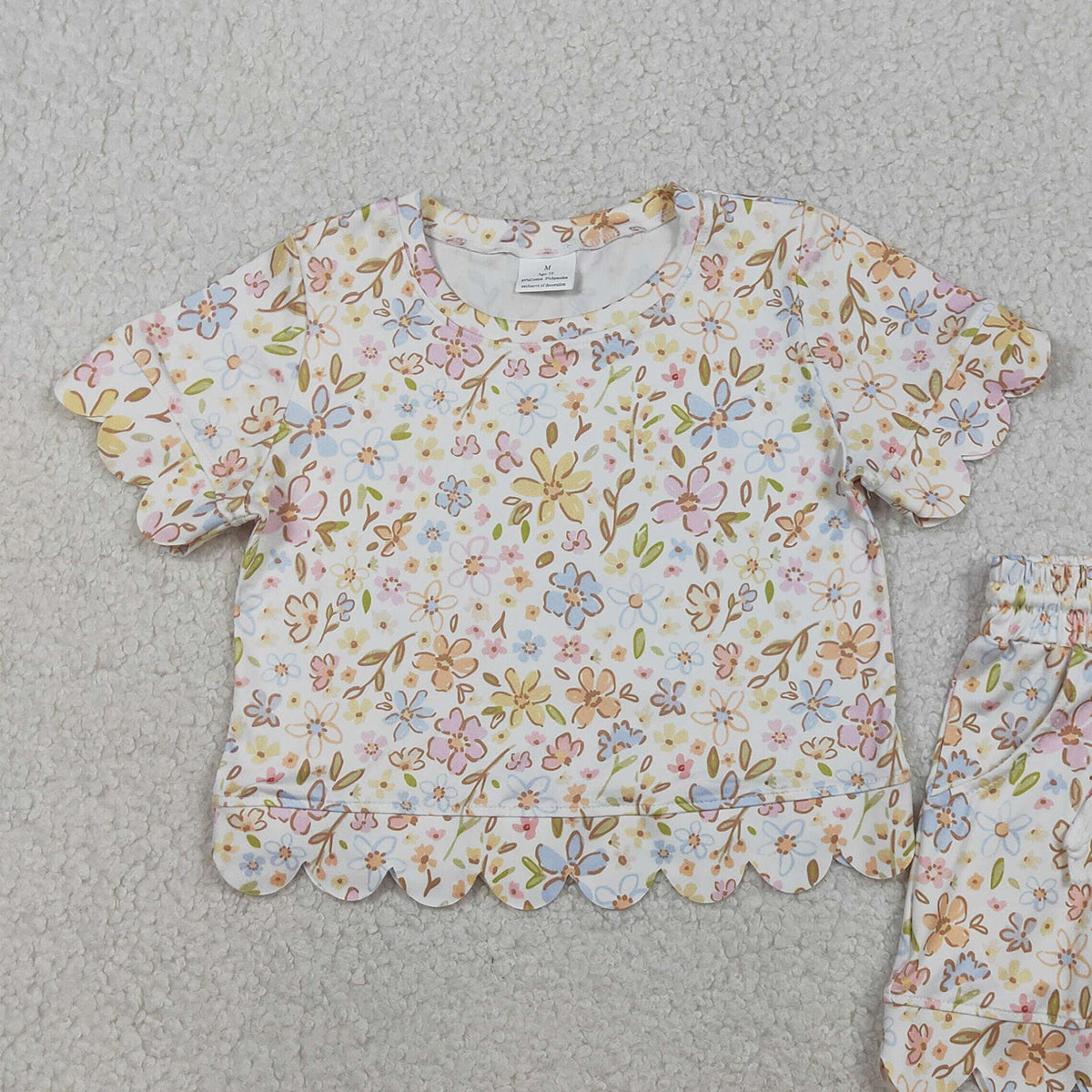 3.30 RTS NO MOQ （In stock）GSSO3268 Short sleeves yellow floral scallop kids girls summer outfits
