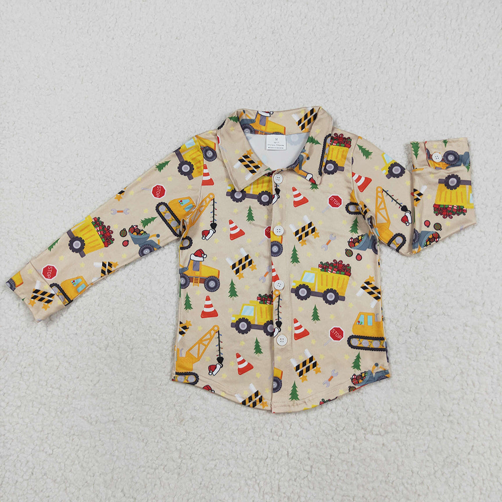 RTS NO MOQ （In stock）BT1254 Baby Boys Long Sleeve Baby Boys Christmas Hats Excavators Button Shirts Top