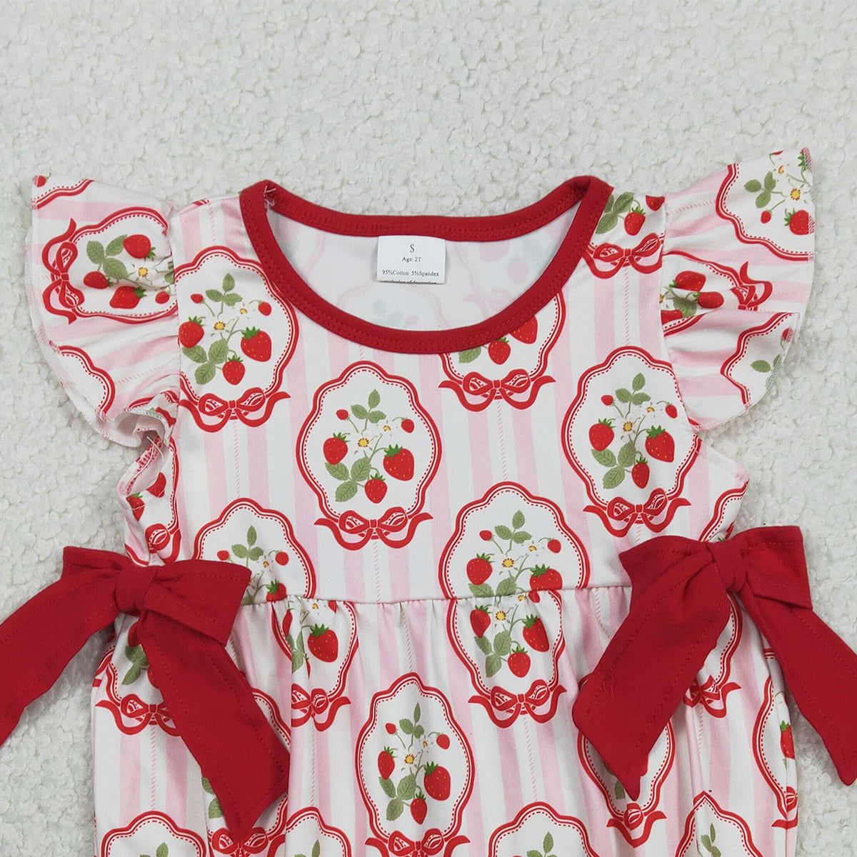 1.27 RTS NO MOQ （In stock）SR3890 Baby Girls Pink Stripe Flowers Strawberry Ruffle Rompers