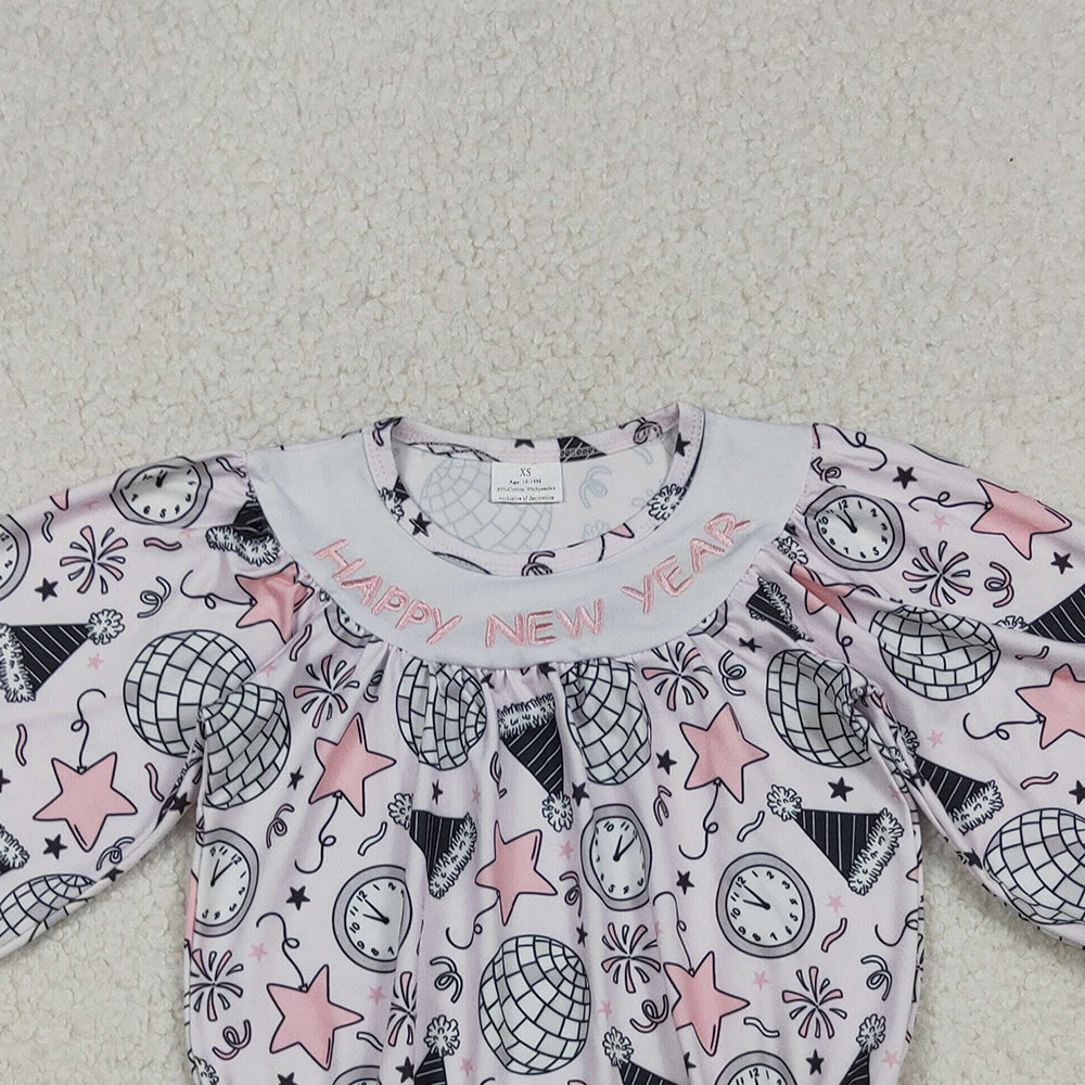 10.10 RTS NO MOQ （In stock）LR2493 Baby Girls Winter Rompers Embroidery Happy New Year Baby Girls Stars Firework Ruffle Rompers