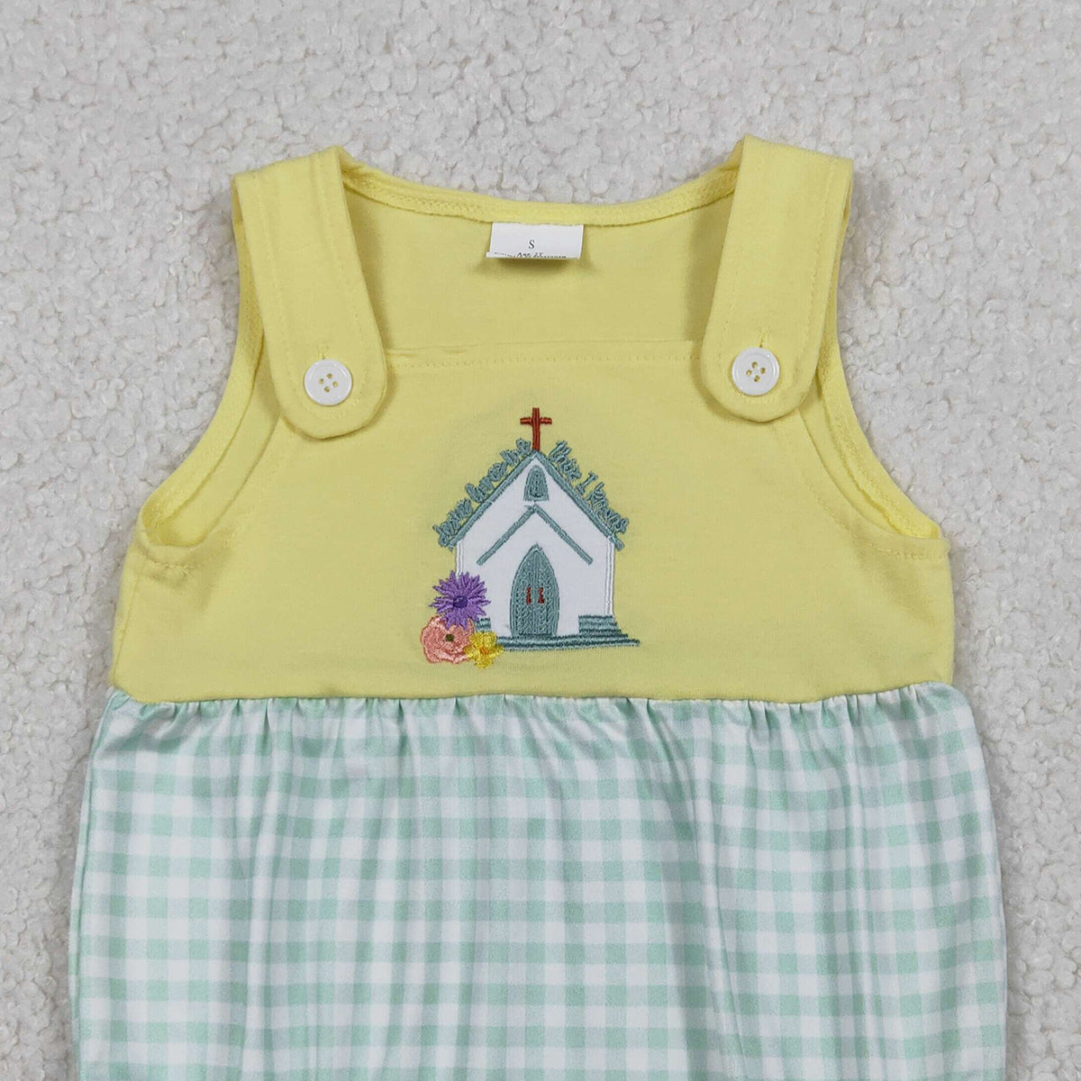 1.14 RTS NO MOQ （In stock）SR3704 Embroidery Church Cross Flowers Baby Girls Checked Ruffle Rompers