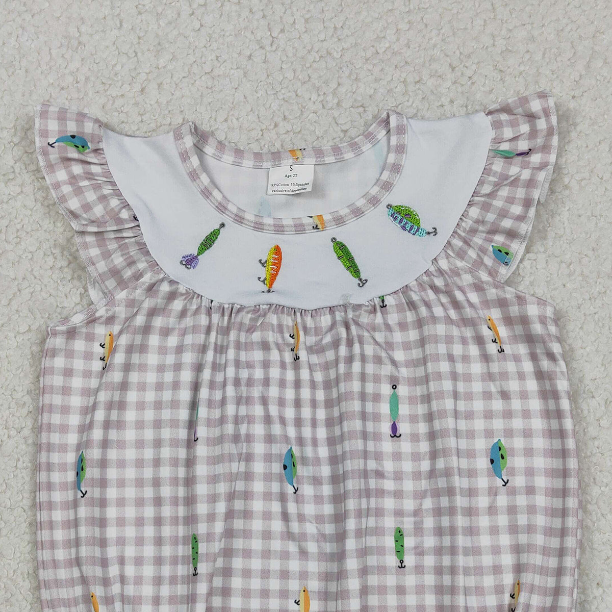12.16 RTS NO MOQ （In stock）SR3395 Baby Girls Summer Rompers Embroidery Fishing Baby Girls Flutter Sleeve Checked Hunting Rompers