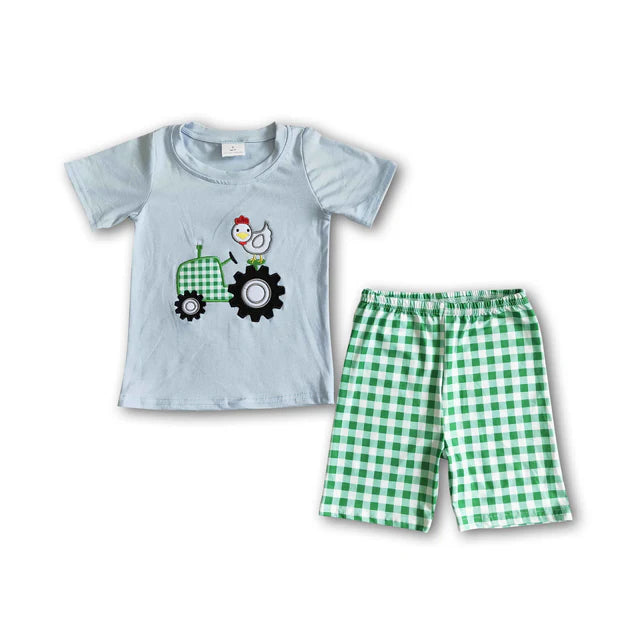 BSSO0031 Sales New RTS No Moq Promotion Chicken truck embroidery plaid shorts farm boy clothing
