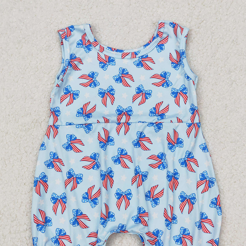 SR2729 RTS NO MOQ Straps light blue stars stripe bow baby girls 4th of july romper