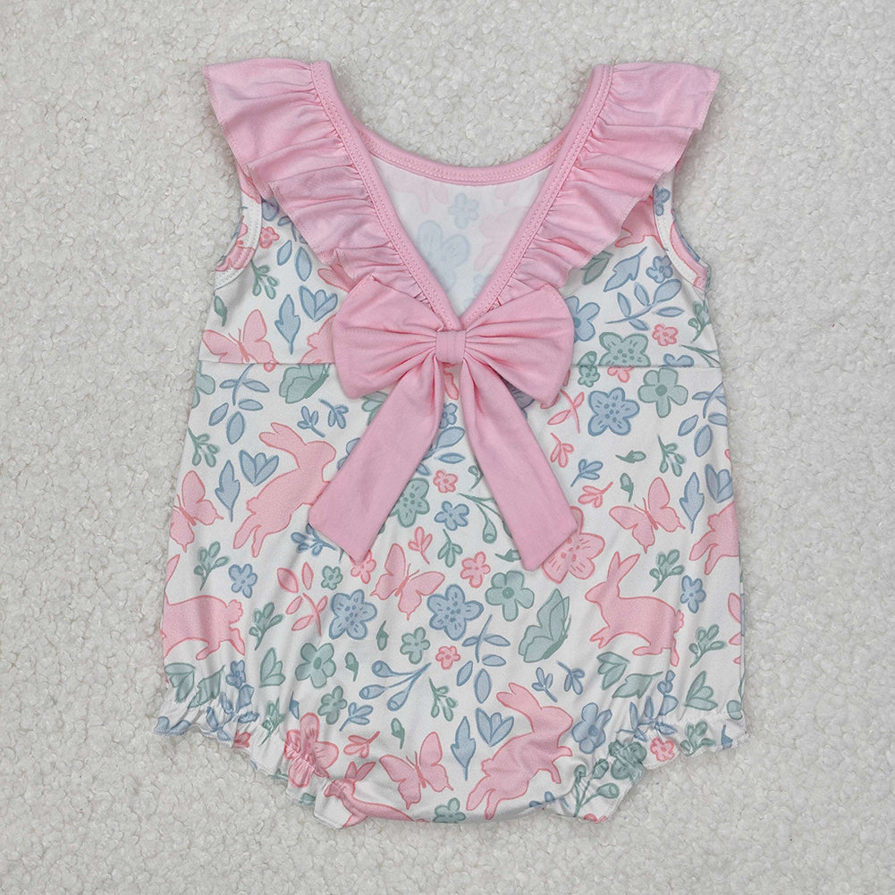 SR2546Floral Bunny Baby Girls Sleeveless Ruffle Romper Easter Outfit Spring Summer Casual Kids Clothing