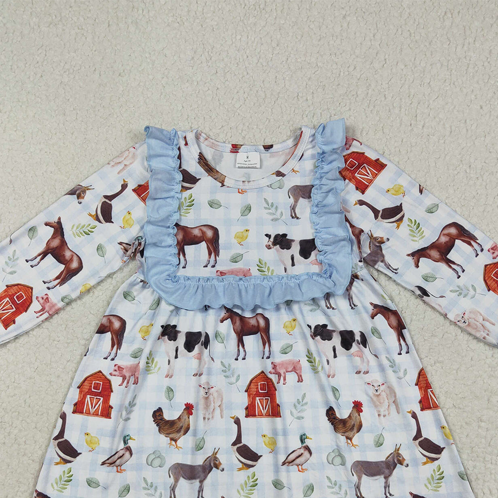 RTS NO MOQ （In stock）GLD1171 Baby Girls Winter Dress Baby Girls Fall Houses Chicks Farm Knee Length Dresses