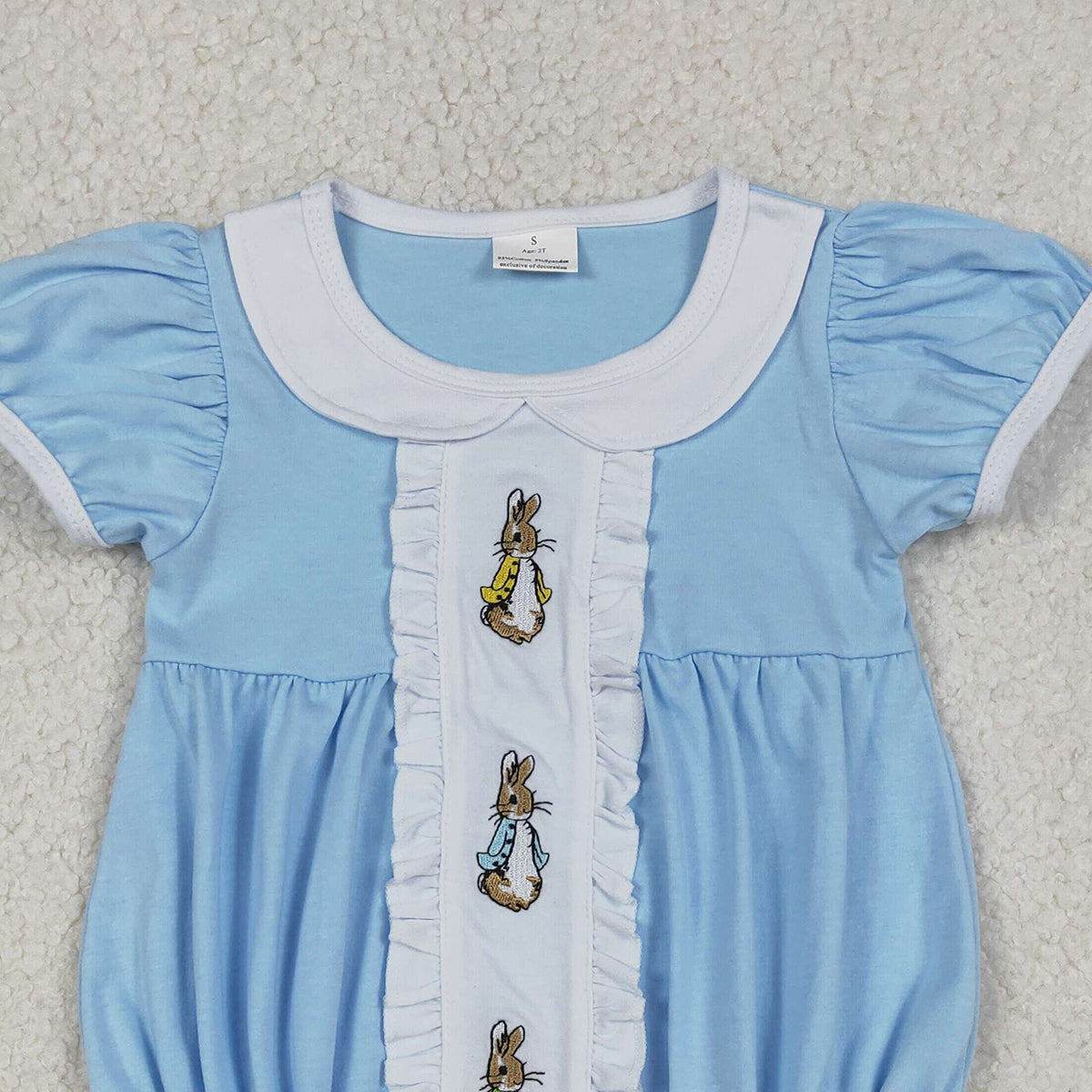 1.8 RTS NO MOQ （In stock）SR3382 Embroidery Rabbits Baby Girls Easter Collar Ruffle Rompers