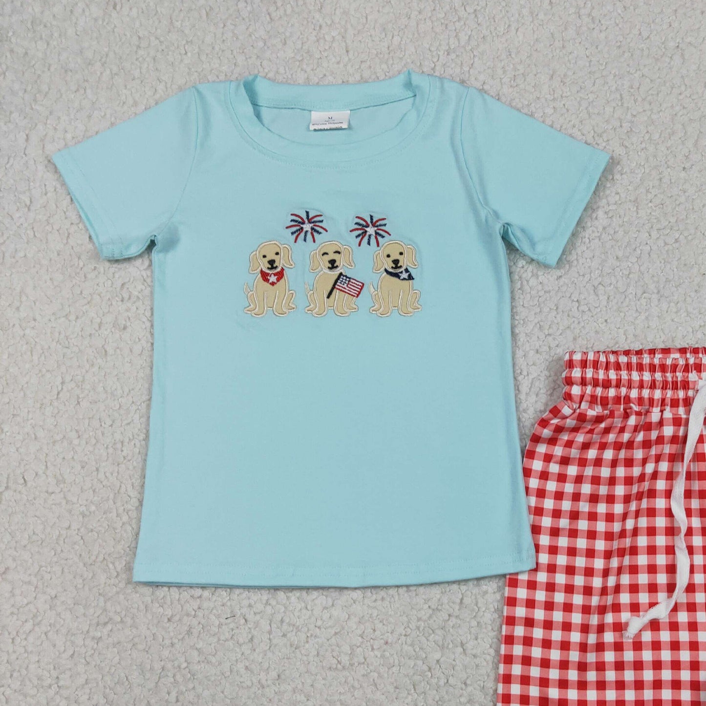 4.8 BSSO1934 RTS NO MOQ （In stock）Embroidery Flag Dogs Baby Boys Top Checked Shorts 4th of July Clothes Sets