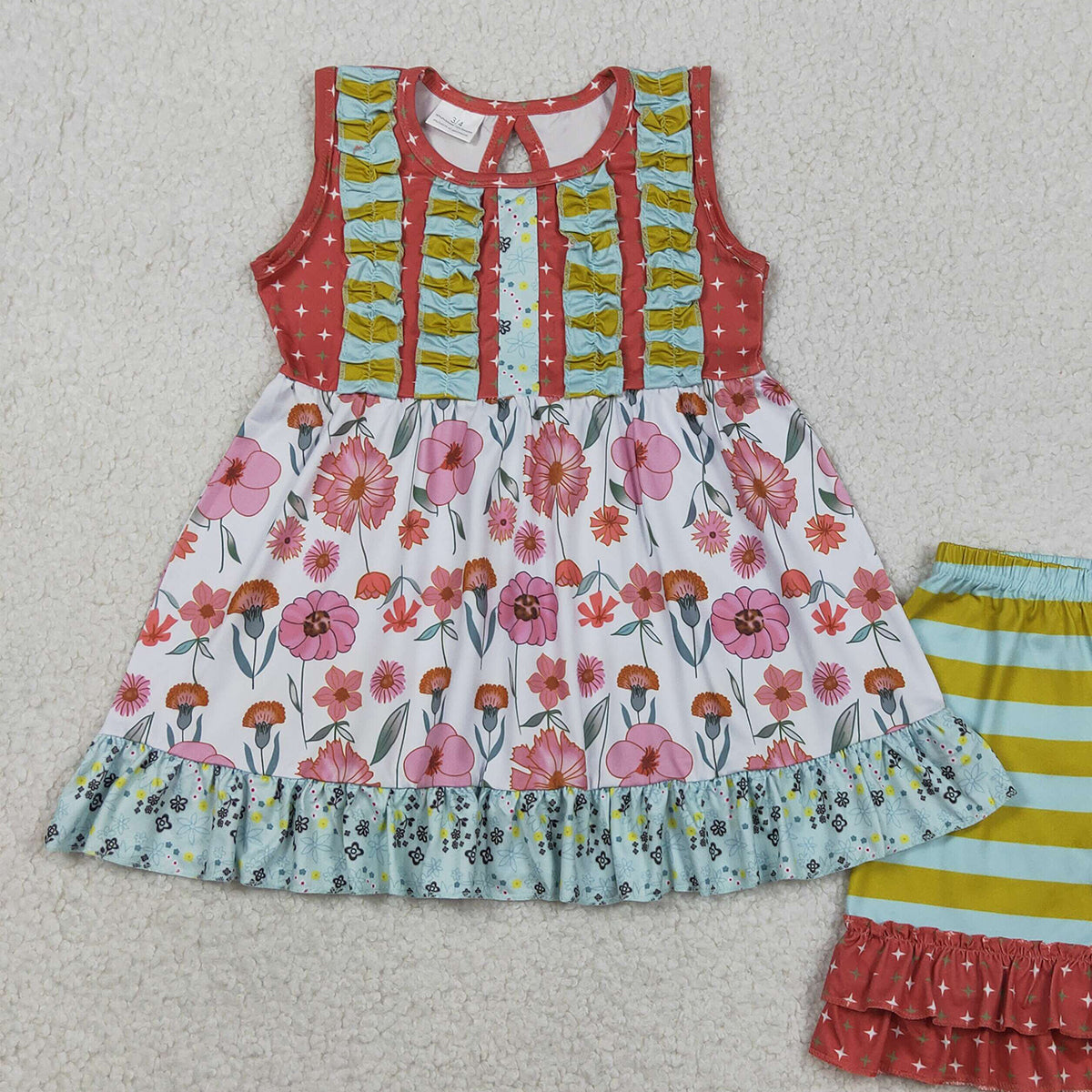 4.11 GSSO3740 RTS NO MOQ （In stock ）Baby Girls Sleeveless Flowers Tunic Stripe Ruffle Short Clothes Sets