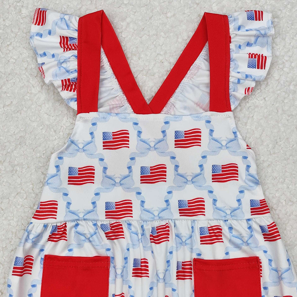 SR2331Baby Girls' 4th of July Romper with Flutter Sleeves And Bow Flag Design Red White And Blue Patriotic Outfit for Infants