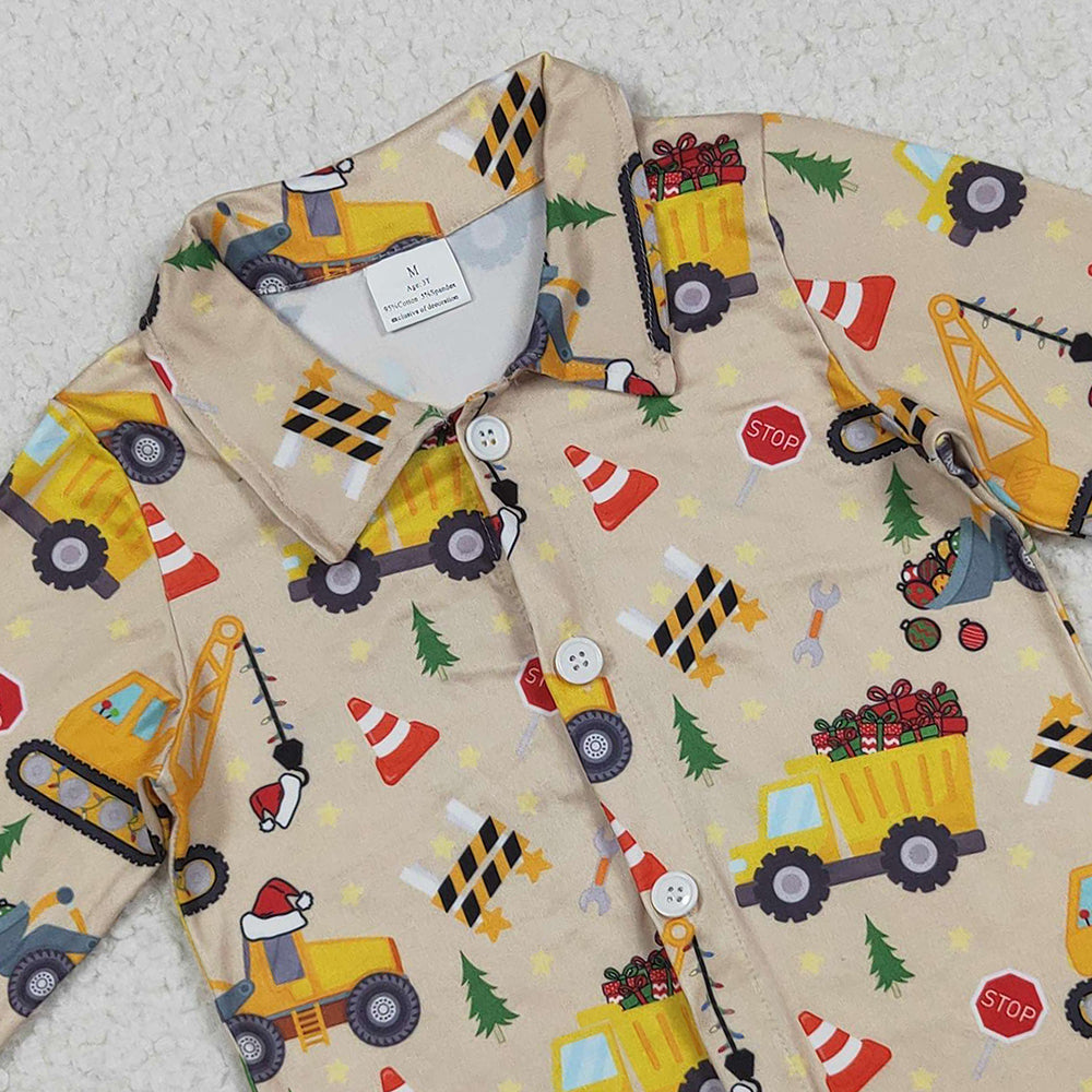 RTS NO MOQ （In stock）BT1254 Baby Boys Long Sleeve Baby Boys Christmas Hats Excavators Button Shirts Top