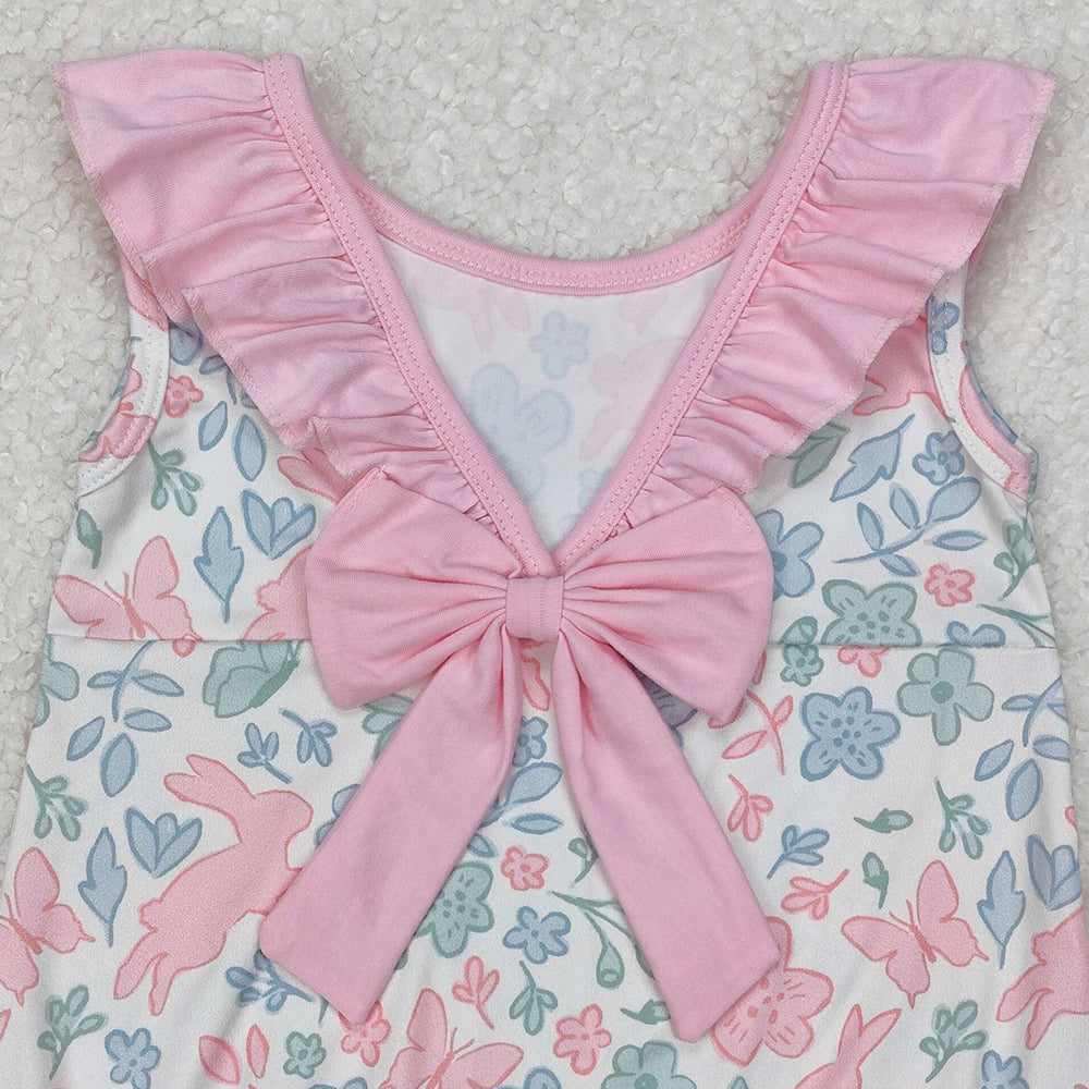 SR2546Floral Bunny Baby Girls Sleeveless Ruffle Romper Easter Outfit Spring Summer Casual Kids Clothing