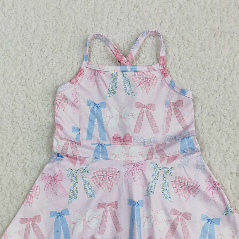 7.15  GSD2295RTS NO MOQ Baby Girls Summer Yoga Dress Baby Girls Active Wear Colorful Bow In Pink Yoga Dress