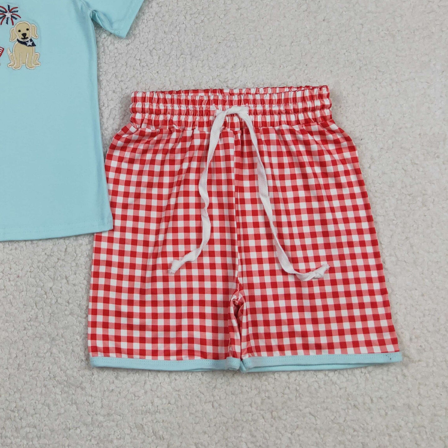 4.8 BSSO1934 RTS NO MOQ （In stock）Embroidery Flag Dogs Baby Boys Top Checked Shorts 4th of July Clothes Sets