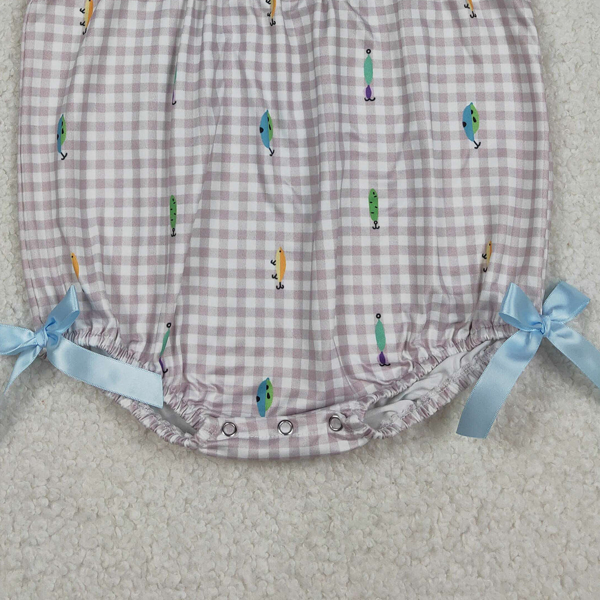 12.16 RTS NO MOQ （In stock）SR3395 Baby Girls Summer Rompers Embroidery Fishing Baby Girls Flutter Sleeve Checked Hunting Rompers