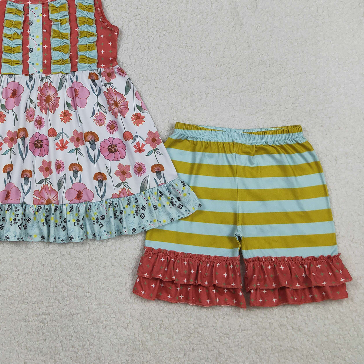 4.11 GSSO3740 RTS NO MOQ （In stock ）Baby Girls Sleeveless Flowers Tunic Stripe Ruffle Short Clothes Sets