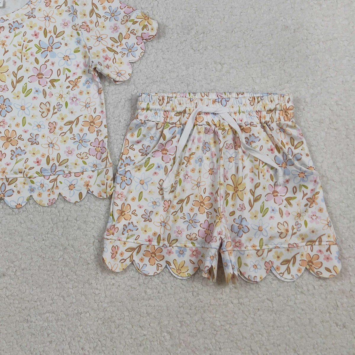 3.30 RTS NO MOQ （In stock）GSSO3268 Short sleeves yellow floral scallop kids girls summer outfits