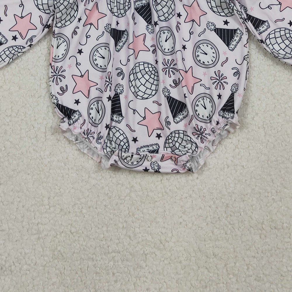 10.10 RTS NO MOQ （In stock）LR2493 Baby Girls Winter Rompers Embroidery Happy New Year Baby Girls Stars Firework Ruffle Rompers