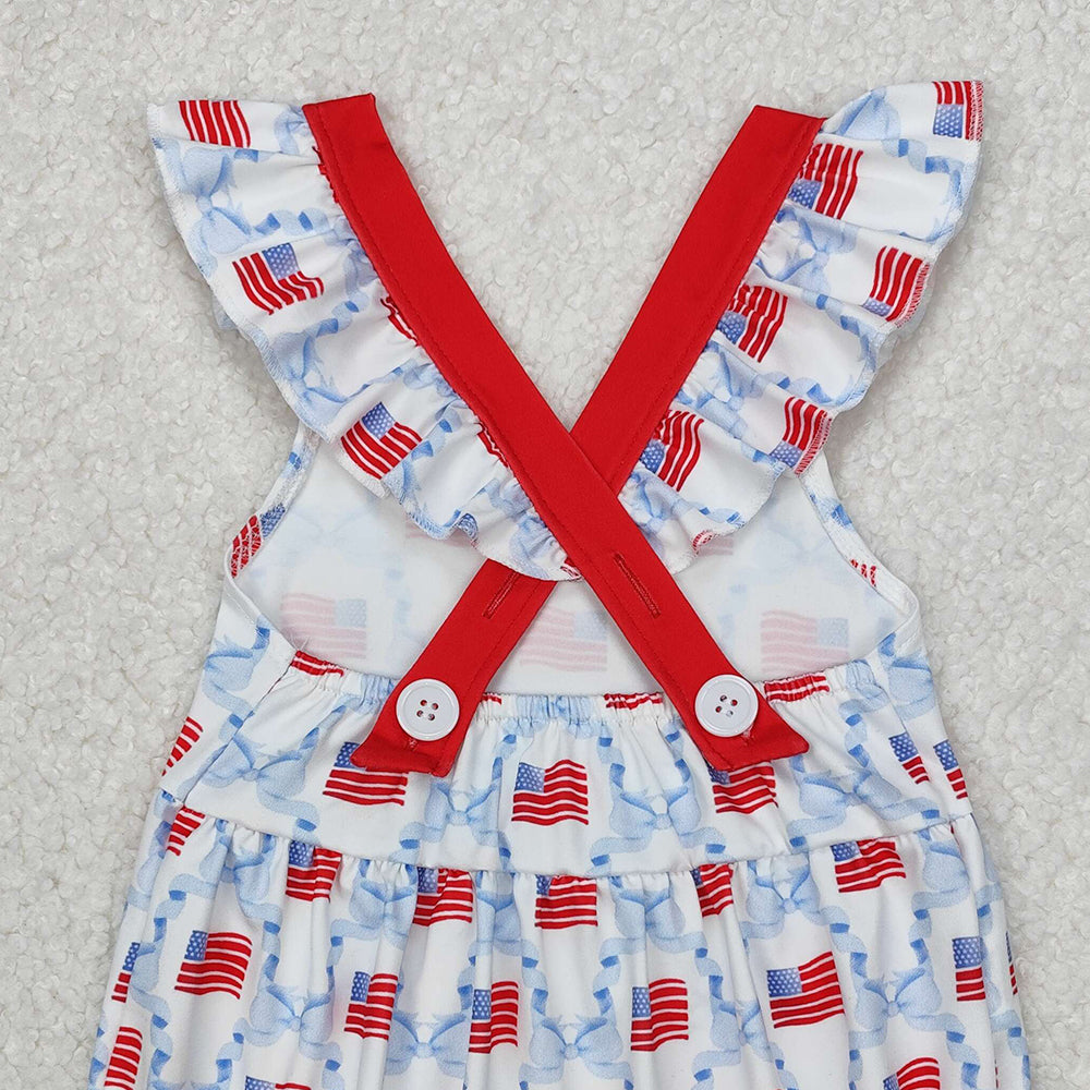 SR2331Baby Girls' 4th of July Romper with Flutter Sleeves And Bow Flag Design Red White And Blue Patriotic Outfit for Infants