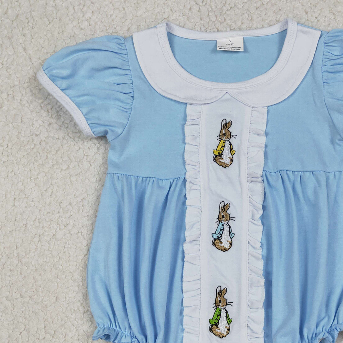 1.8 RTS NO MOQ （In stock）SR3382 Embroidery Rabbits Baby Girls Easter Collar Ruffle Rompers
