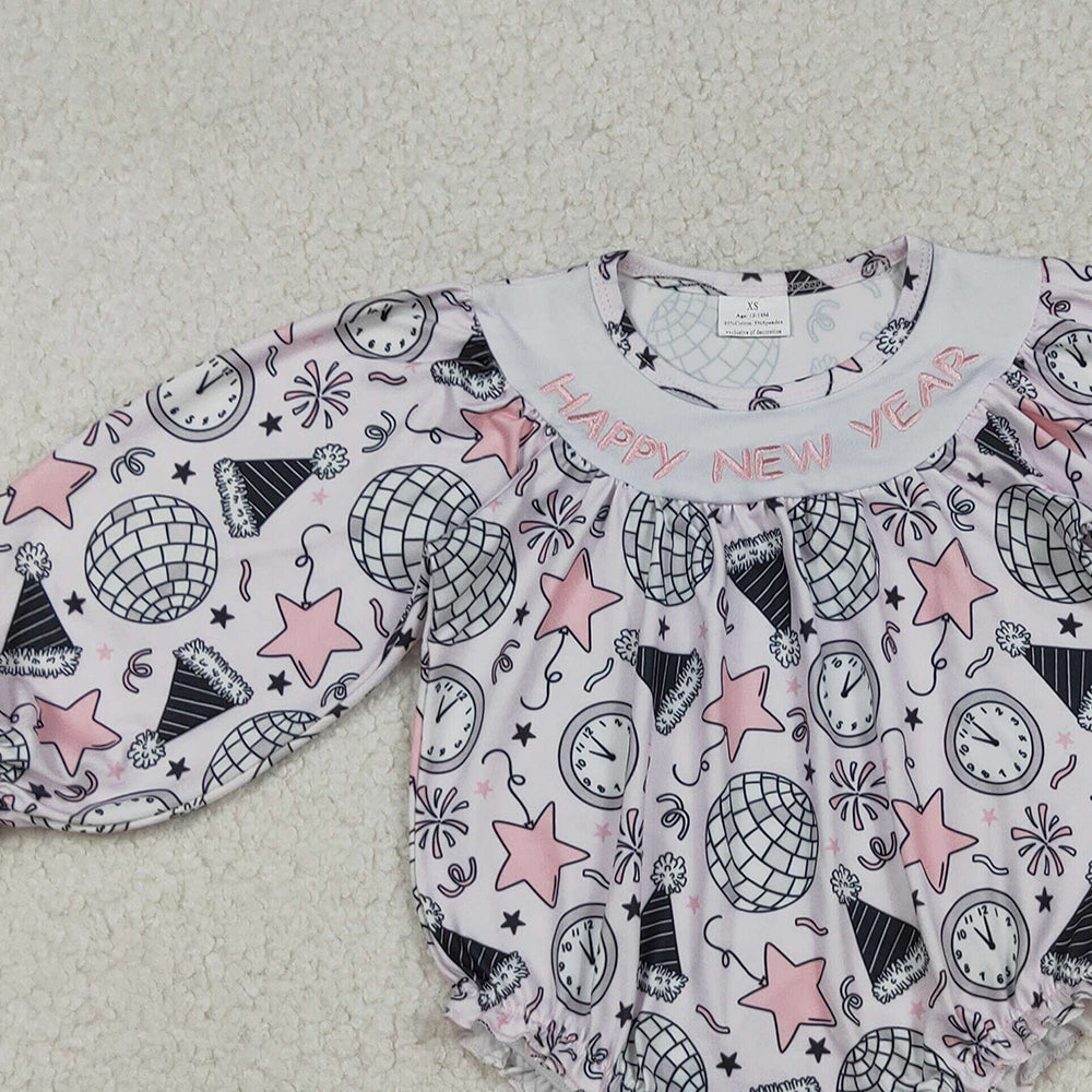 10.10 RTS NO MOQ （In stock）LR2493 Baby Girls Winter Rompers Embroidery Happy New Year Baby Girls Stars Firework Ruffle Rompers