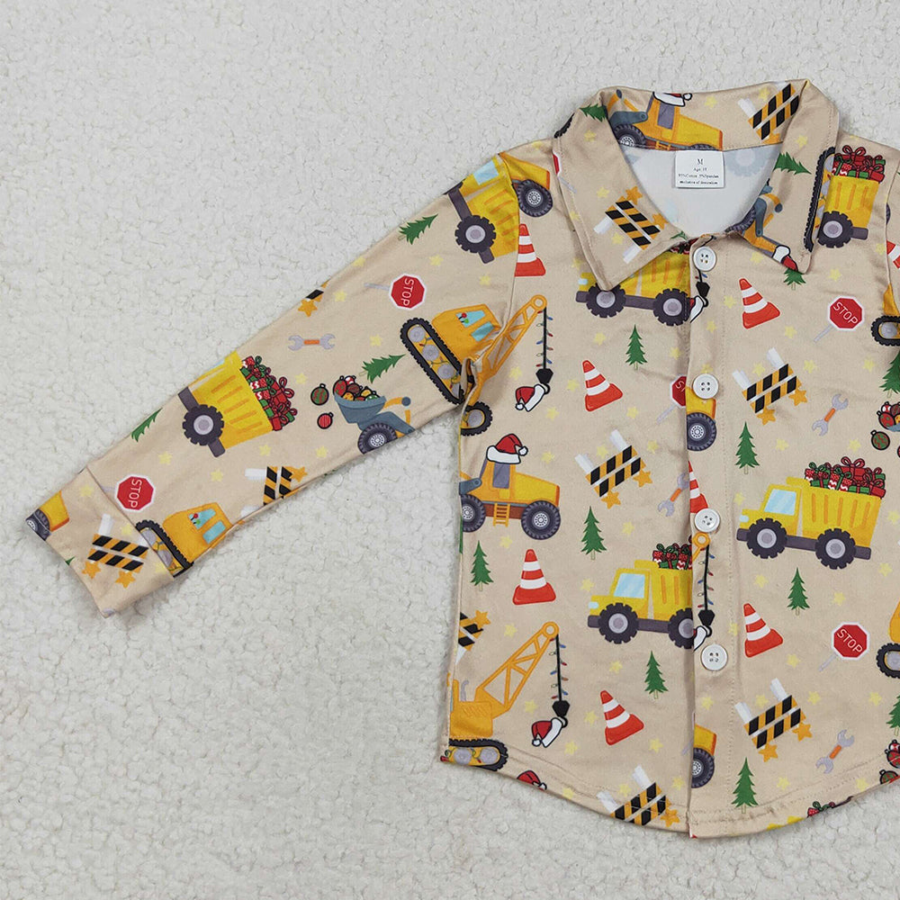 RTS NO MOQ （In stock）BT1254 Baby Boys Long Sleeve Baby Boys Christmas Hats Excavators Button Shirts Top