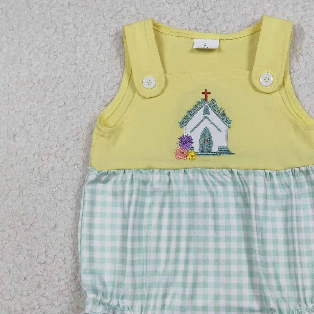 1.14 RTS NO MOQ （In stock）SR3704 Embroidery Church Cross Flowers Baby Girls Checked Ruffle Rompers