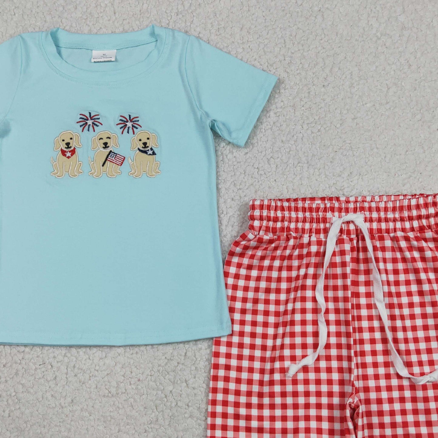 4.8 BSSO1934 RTS NO MOQ （In stock）Embroidery Flag Dogs Baby Boys Top Checked Shorts 4th of July Clothes Sets