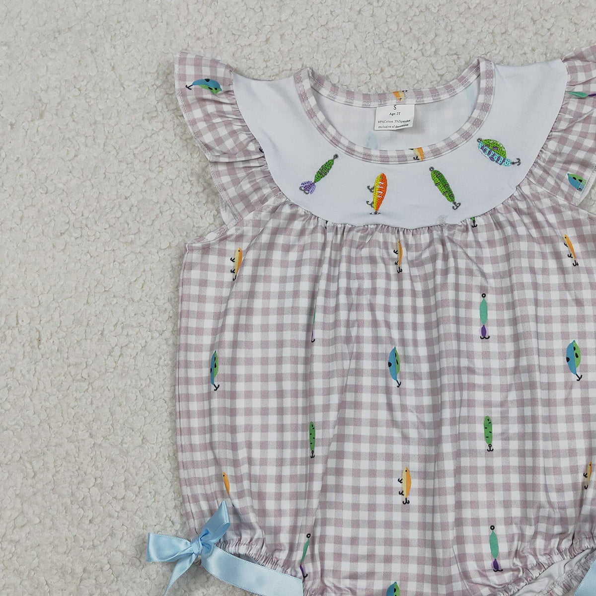 12.16 RTS NO MOQ （In stock）SR3395 Baby Girls Summer Rompers Embroidery Fishing Baby Girls Flutter Sleeve Checked Hunting Rompers
