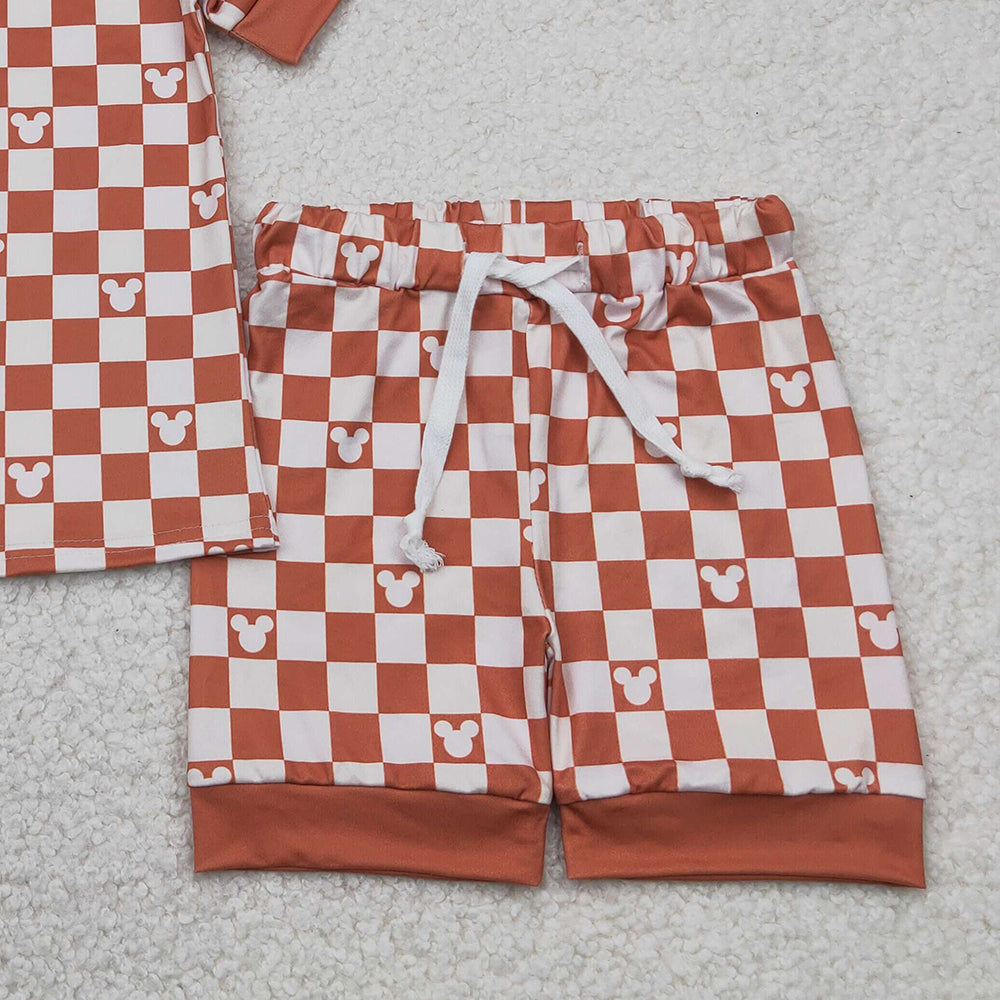 6.13  GSSO2232 RTS NO MOQ  Baby Girls Summer Outfits Khaki Cartoon Mouse Top Tee Shorts Clothes Sets