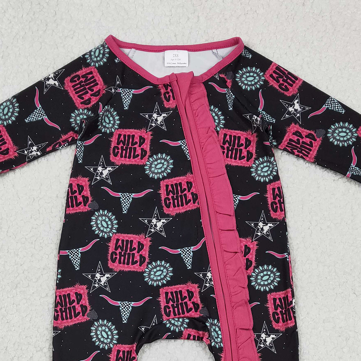 12.29 RTS NO MOQ （In stock）LR2962 Baby Girls Winter Rompers Baby Girls Wild Child Turquoises Western Two Way Ruffle Zip Convertible Rompers