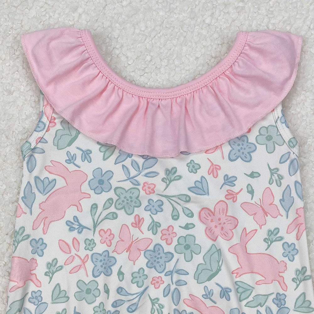 SR2546Floral Bunny Baby Girls Sleeveless Ruffle Romper Easter Outfit Spring Summer Casual Kids Clothing