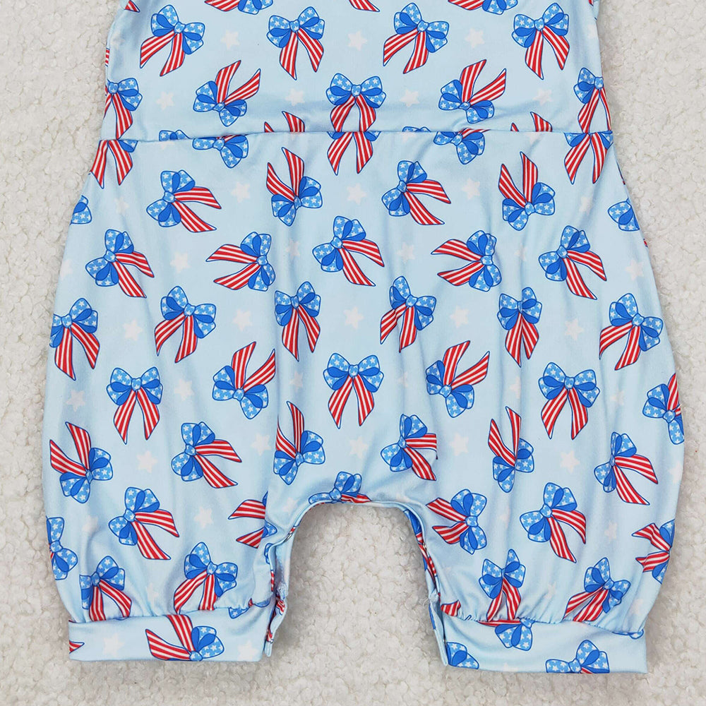 SR2729 RTS NO MOQ Straps light blue stars stripe bow baby girls 4th of july romper