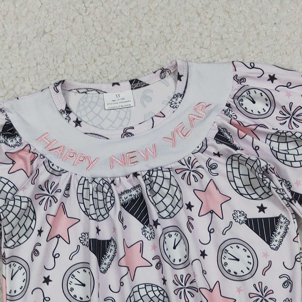 10.10 RTS NO MOQ （In stock）LR2493 Baby Girls Winter Rompers Embroidery Happy New Year Baby Girls Stars Firework Ruffle Rompers