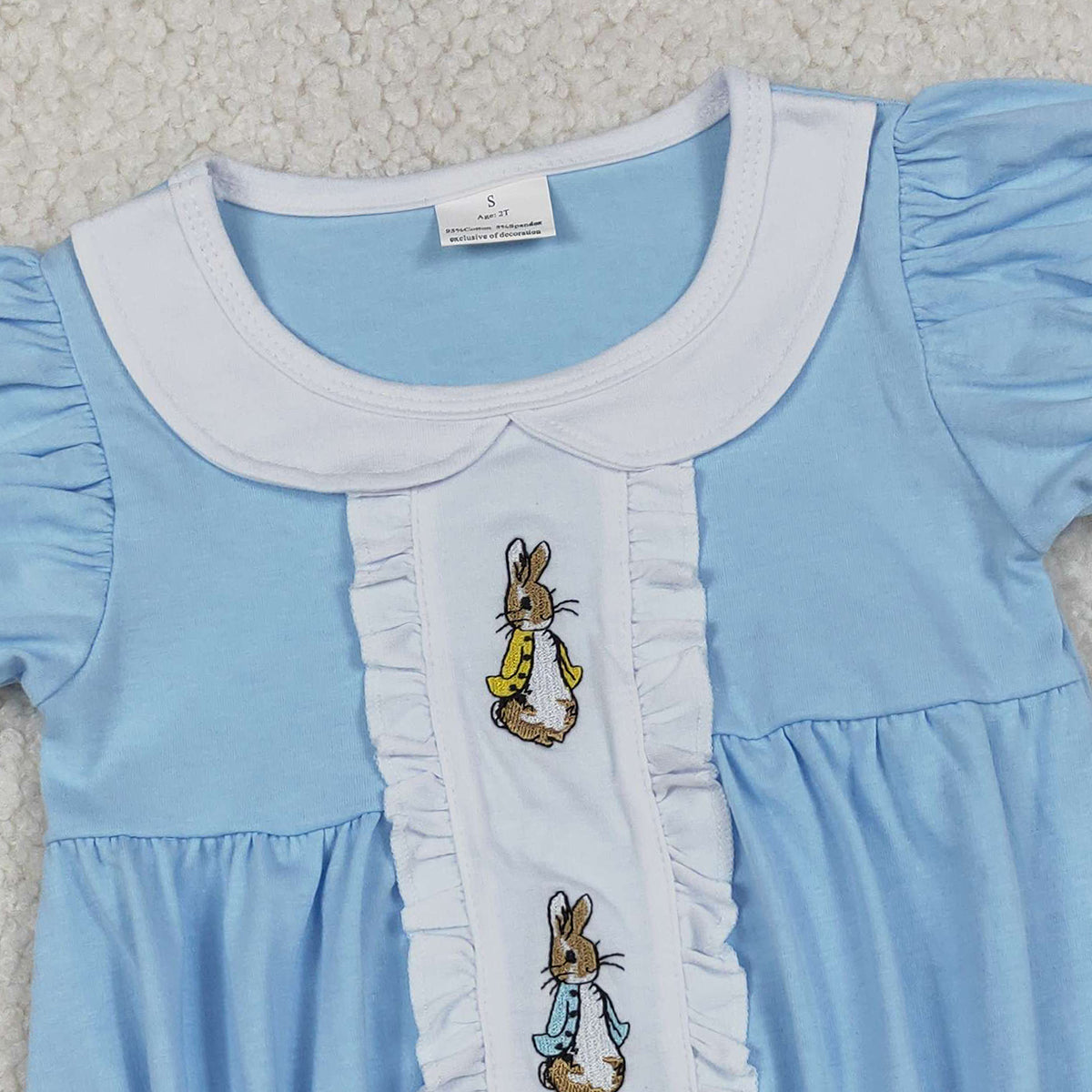 1.8 RTS NO MOQ （In stock）SR3382 Embroidery Rabbits Baby Girls Easter Collar Ruffle Rompers