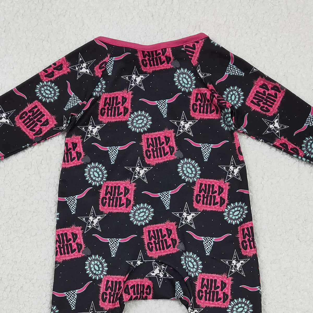 12.29 RTS NO MOQ （In stock）LR2962 Baby Girls Winter Rompers Baby Girls Wild Child Turquoises Western Two Way Ruffle Zip Convertible Rompers