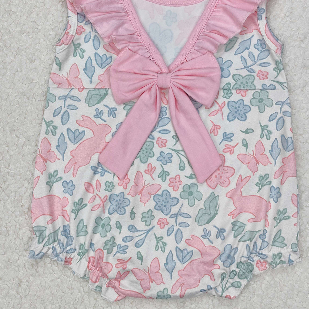SR2546Floral Bunny Baby Girls Sleeveless Ruffle Romper Easter Outfit Spring Summer Casual Kids Clothing