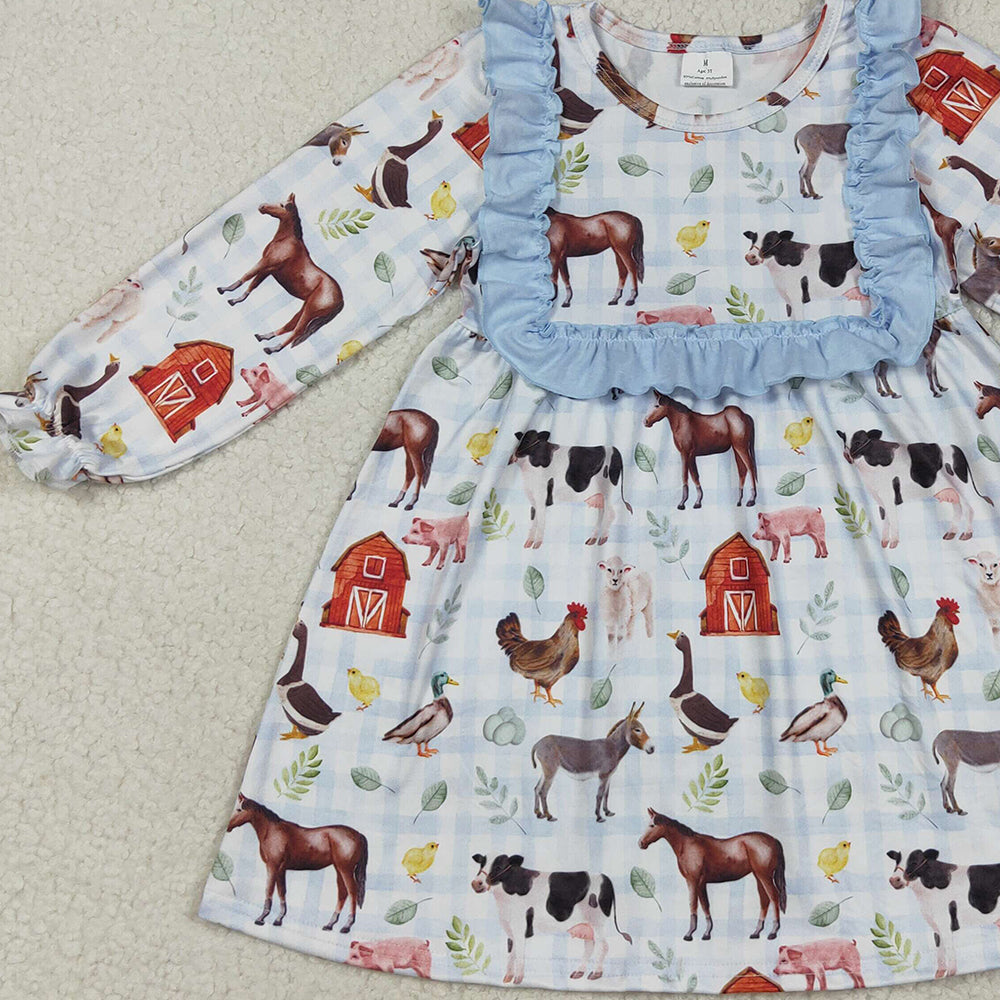 RTS NO MOQ （In stock）GLD1171 Baby Girls Winter Dress Baby Girls Fall Houses Chicks Farm Knee Length Dresses