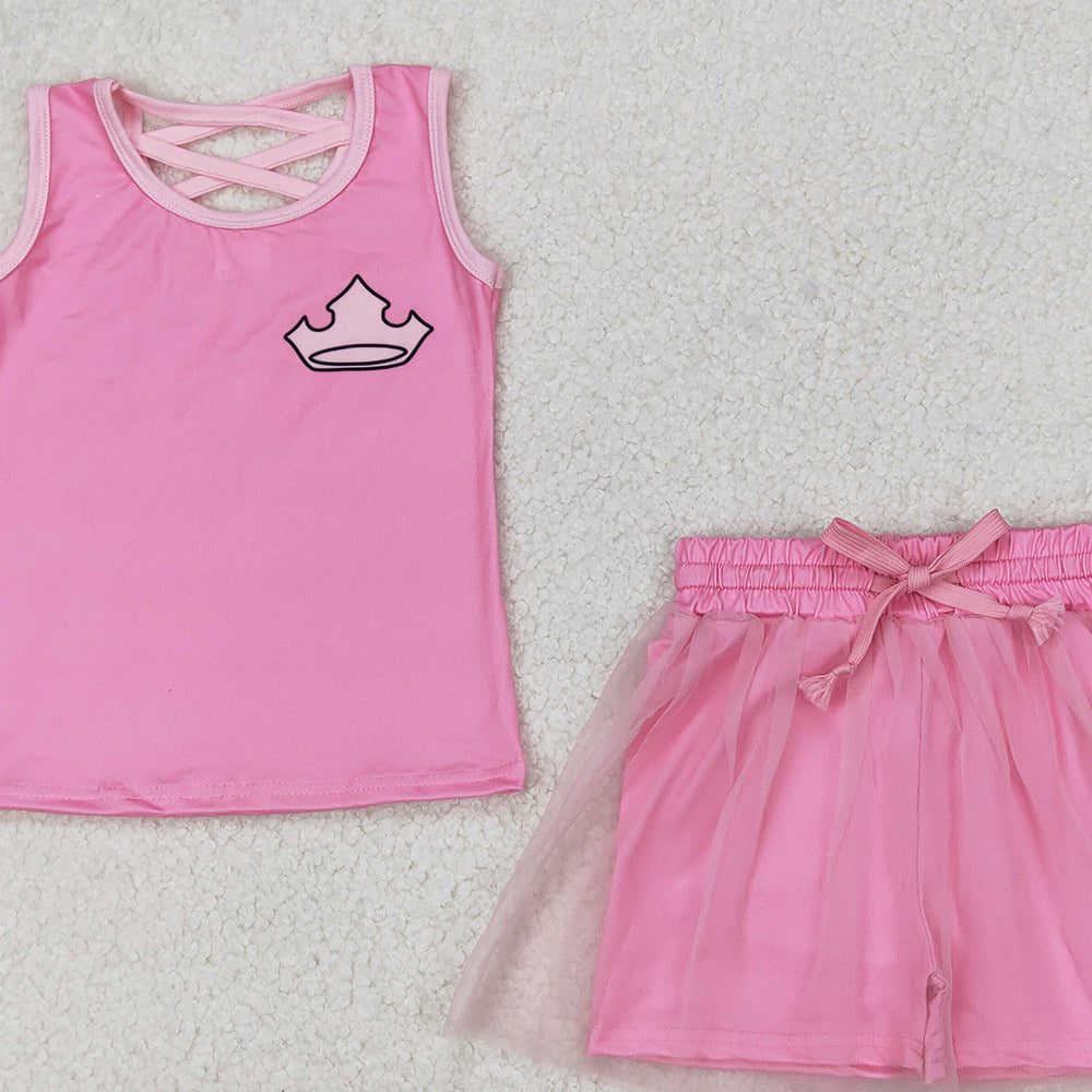 4.30 GSD2066  RTS NO MOQ Baby Girls Hot Pink Sleeveless Crown Top Tulle Skirt With Short Set