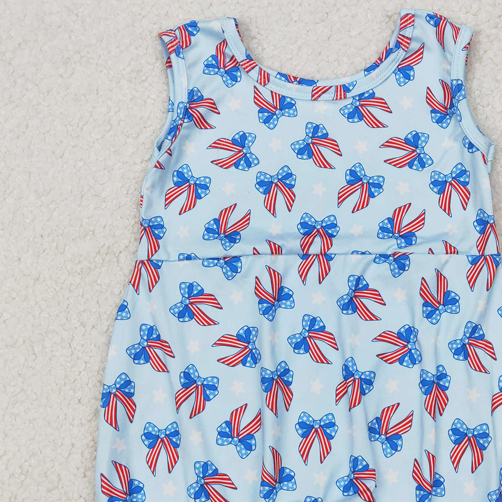 SR2729 RTS NO MOQ Straps light blue stars stripe bow baby girls 4th of july romper