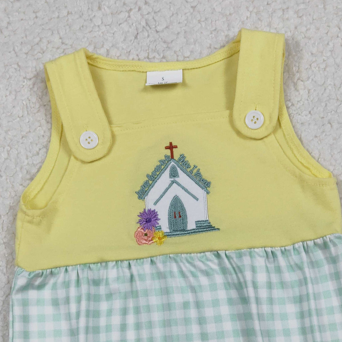 1.14 RTS NO MOQ （In stock）SR3704 Embroidery Church Cross Flowers Baby Girls Checked Ruffle Rompers