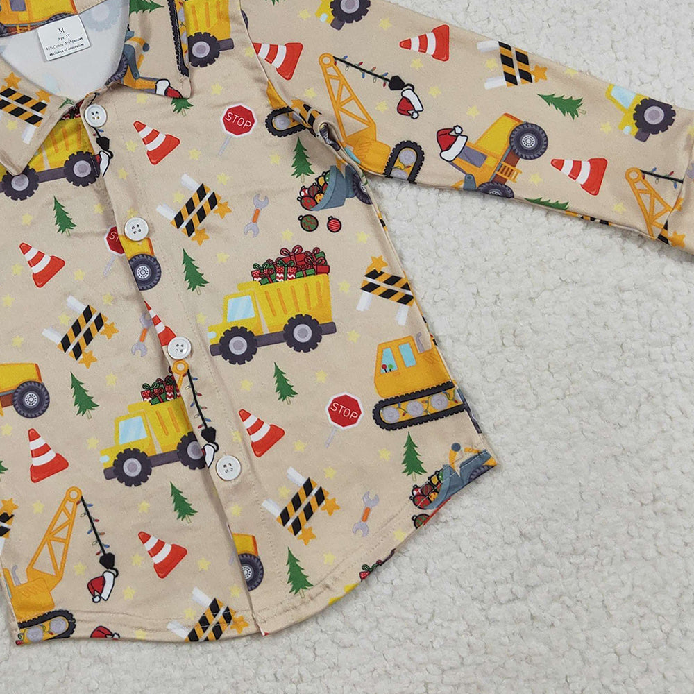 RTS NO MOQ （In stock）BT1254 Baby Boys Long Sleeve Baby Boys Christmas Hats Excavators Button Shirts Top