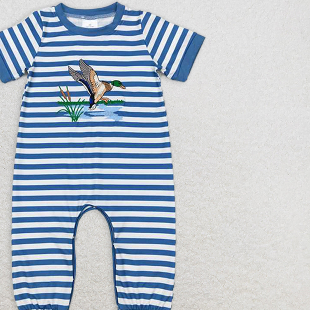 SR0554 RTS NO MOQ Baby Boys Summer Rompers Baby Boys Blue Stripes Duck Tops Shorts Brother Clothing Sets