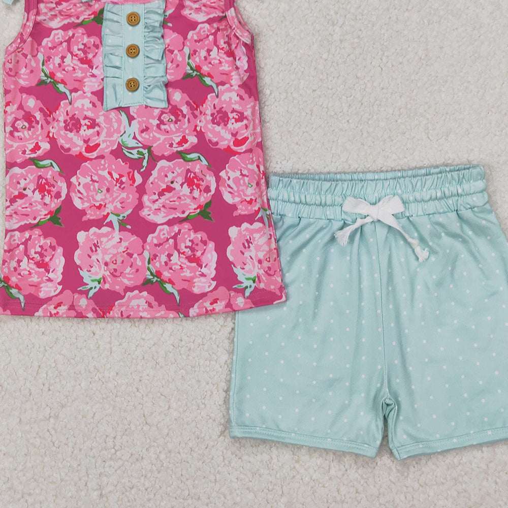 4.08 GSSO2356 RTS NO MOQ Sleeveless pink floral top cotton shorts girls clothing set