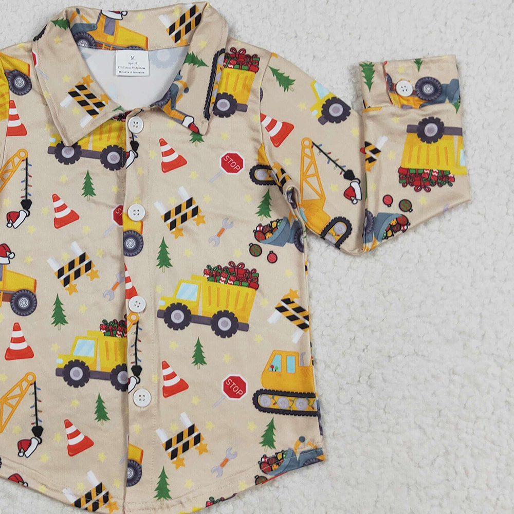 RTS NO MOQ （In stock）BT1254 Baby Boys Long Sleeve Baby Boys Christmas Hats Excavators Button Shirts Top